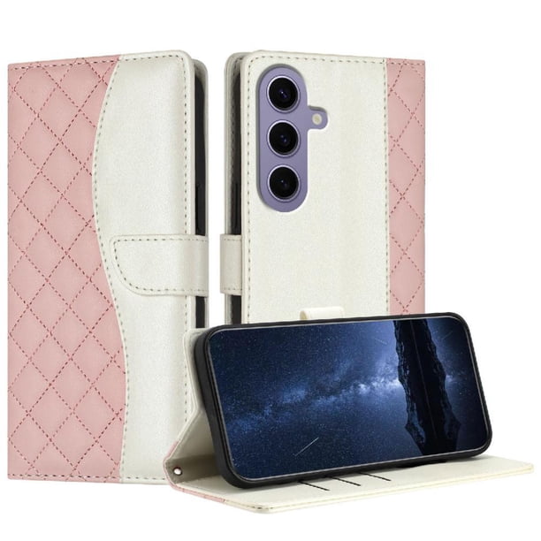Funda Tipo Cartera Acolchada para Samsung Galaxy S24 con Bloqueo RFID Ranuras y Correa Rosa