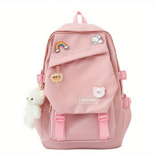 1pc Simple Backpack With Cute Cartoon Badge And Pendant, Korean Version Double Shoulder Bag, Large Capacity Backpack For Short-Distance Travel, Students Schoolbag