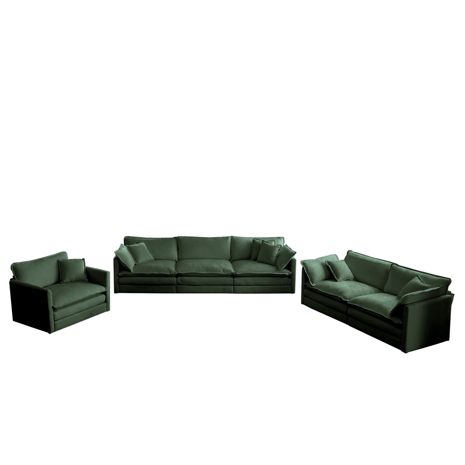 M&ms - Modern Sofa Couch, 3 Piece Set Extra Deep Seat Sectional Sofa For Living Room, Oversized Sofa, 3 Seat Sofa, Loveseat And Single Sofa, Green Chenille