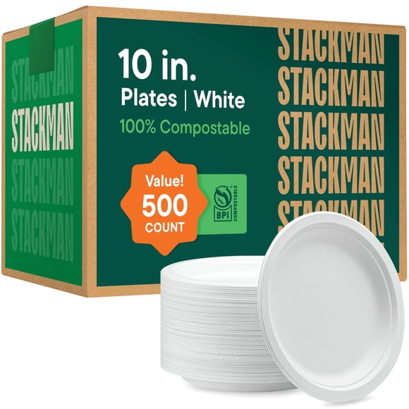 Platos de papel Stack Man, 10 pulgadas, 500 unidades, compostables