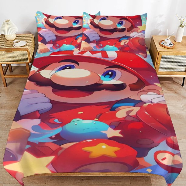 Super Mario Bed Duvet Cover Microfiber Bedding Sets 3D Printed Lightweight 3 Piece Comforter Sets for Kids Boys Girls