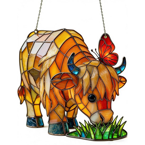Atrapasol mariposa vaca highland 20cm estilo vitral colgante ventana animal granja atrapasol regalo amantes vacas