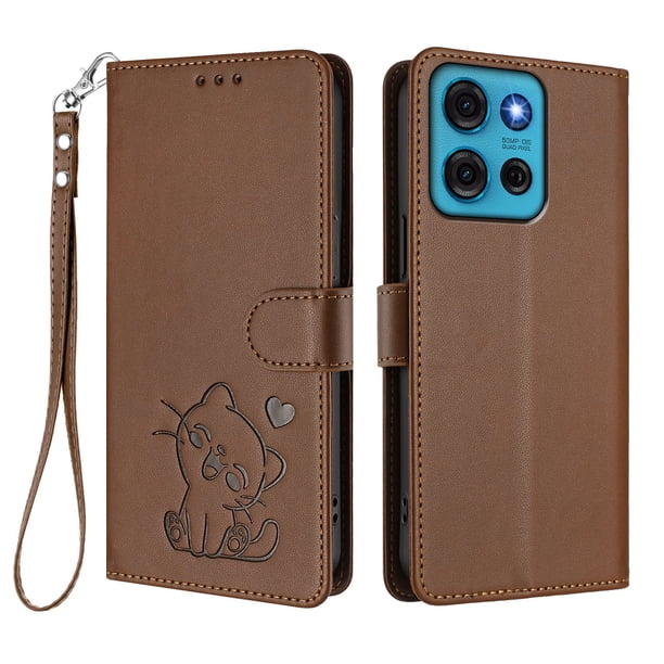 Funda Volteable con Diseño de Gato para Motorola MOTO G75 5G, Marrón