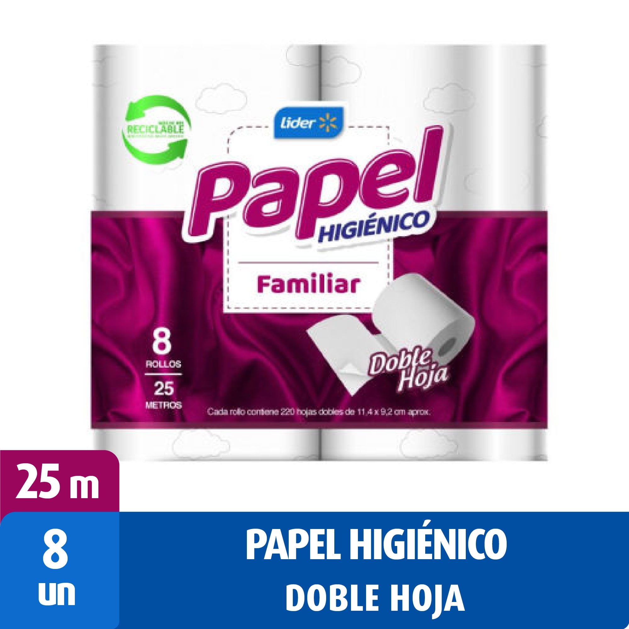 Papel Higiénico Familiar Doble Hoja 25 M 8 Un Lider