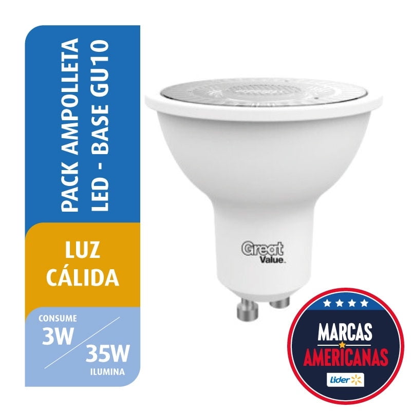 Great Value - Pack 3 Ampolletas Led 3W Luz Cálida Base Gu10