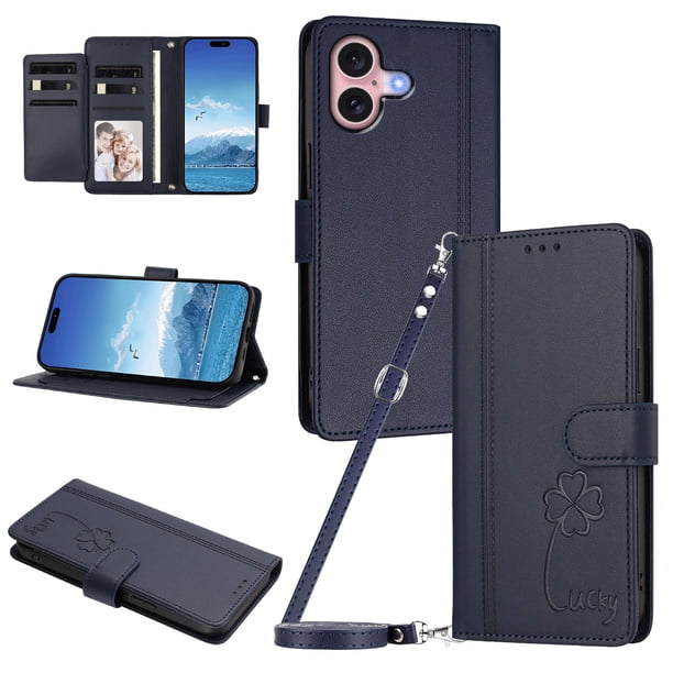 Funda Cartera Trébol para iPhone 16 con Ranuras Tarjetas y Carga Inalámbrica Azul oscuro