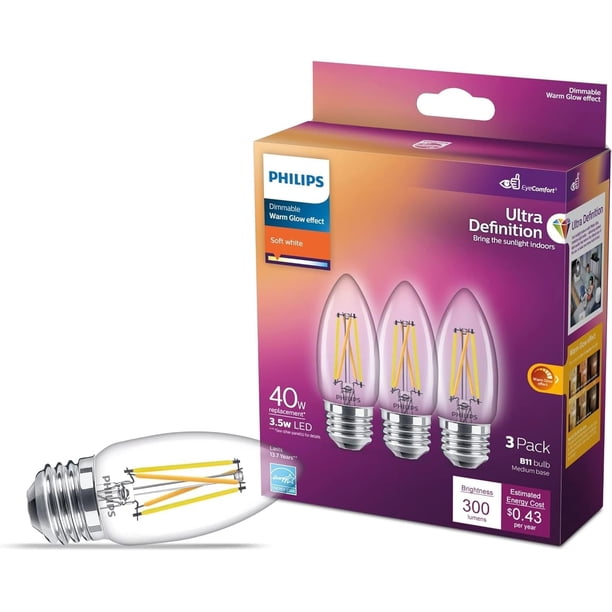 Bombillas LED PHILIPS de 60 W, base BA11 E26, paquete de 3 unidades, color blanco suave