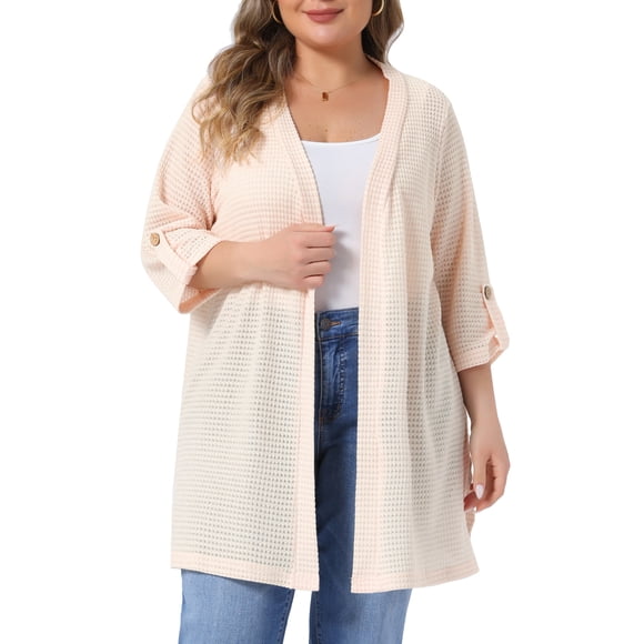 GRACE & GRANDEUR Cárdigan ligero de talla grande para mujer, estilo escolar, abierto al frente, tejido de ganchillo con aberturas laterales, mangas 3/4, largo, talla 4X, color rosa claro