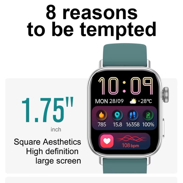 Smartwatch Deportivo y Elegante GW11 Mini 1.75” Llamadas Bluetooth 3 Correas Intercambiables verde para uso diario tono verde