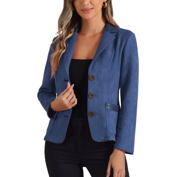 INSPIRE CHIC Chaqueta de Mujer de Imitación de Ante con Botones, Cuello con Solapa y Mangas Largas, Talla XL, Azul Oscuro