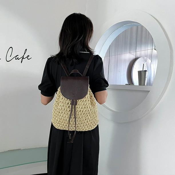 Yogodlns Summer Hollow Out Drawstring Hasp Straw Bag School Bag Knitting Backpacks Beach Bag Travel Holiday Ladies Tote Bag