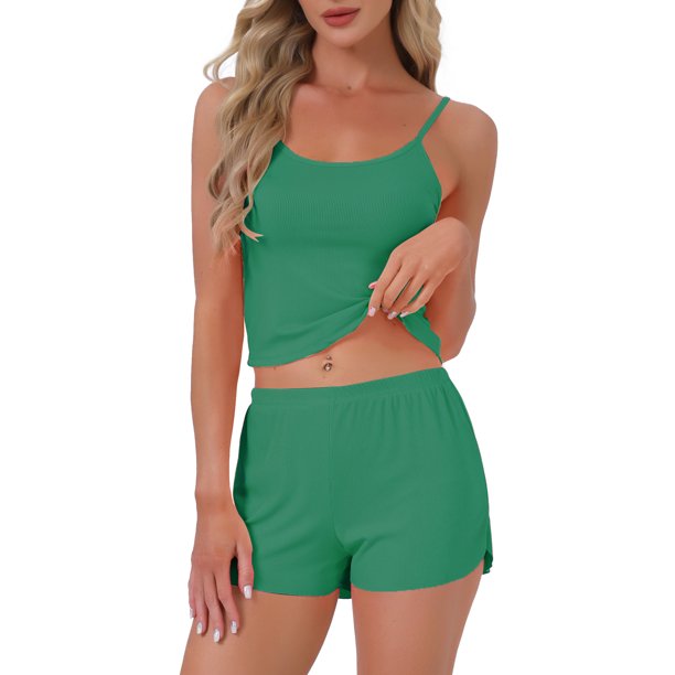 INSPIRE CHIC Conjunto de Pijama para Mujer de Punto Acanalado Cami Sin Mangas Cuello Cuadrado con Pantalones Cortos con Abertura Ropa de Dormir Conjuntos de Salón XL Verde