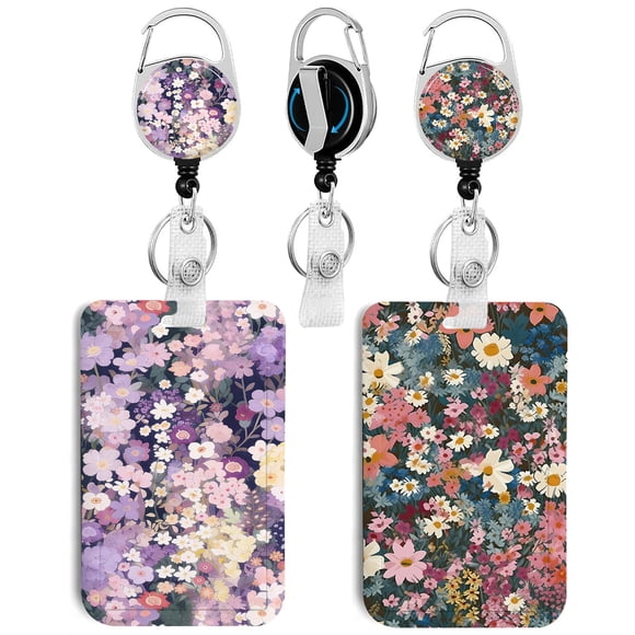Porta credenciales Rcmyll pack de 2 con flores y carrete retráctil