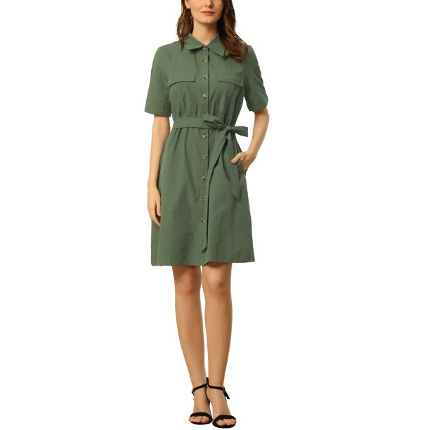 Vestido Safari de Mujer INSPIRE CHIC de Vuelta al Colegio Verano con Cuello Abotonado de Algodón con Cinturón L Verde Militar