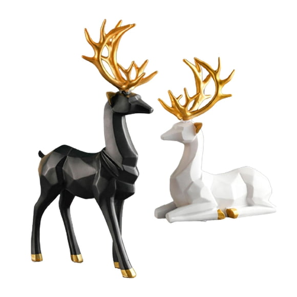 1 par de estatuas de renos, figurita para amantes de los ciervos, obra de arte, esculturas de ciervos de estilo nórdico de resina para decoración de e , De pie Negro L Negro + Blanco