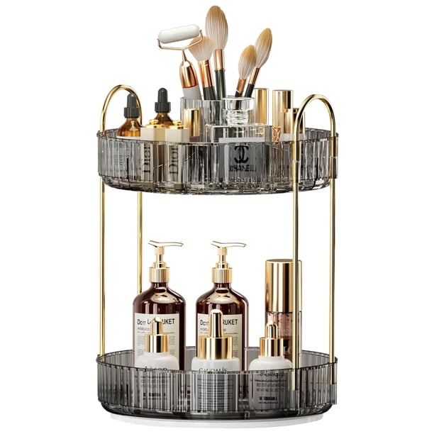 Organizador de maquillaje Oifecsie, giratorio 360°, 2 niveles con soporte para brochas