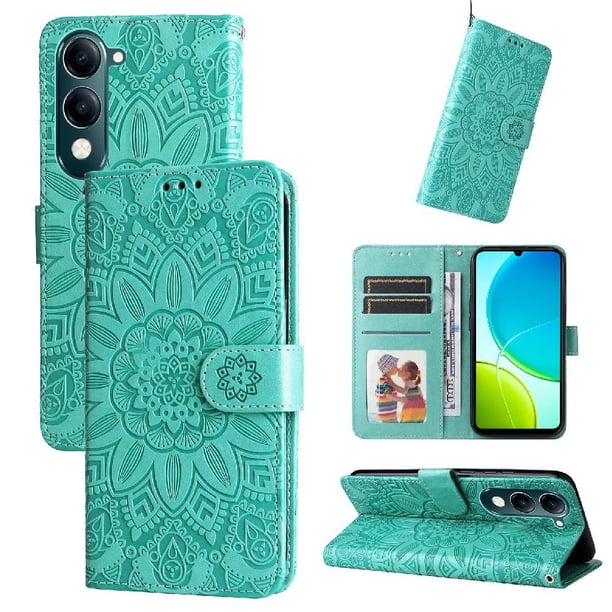 Funda tipo cartera FOXDOCK para Vivo Y29s 5G , diseño girasol en relieve, cuero PU, cierre magnético, soporte y tarjetero