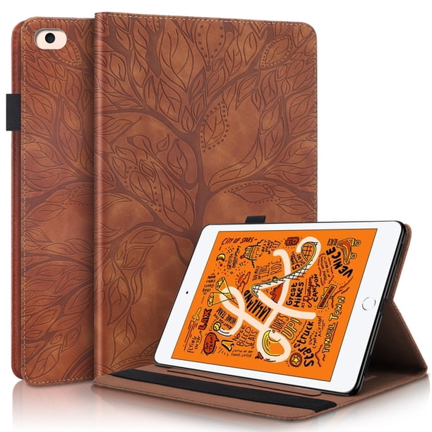 Funda con relieve del Árbol de la Vida para tablet ipad mini 1/2/3/4/5 con soporte, ranuras para tarjetas y soporte para lápiz óptico. Marrón