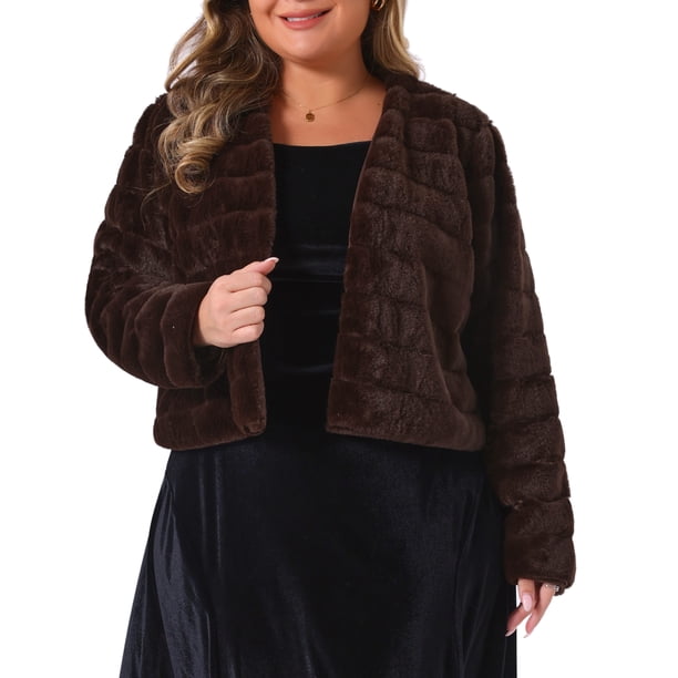 Agnes Orinda Conjuntos de Halloween Chaqueta Recortada de Talla Grande para Mujer Abrigo de Invierno de Piel Sintética con Frente Abierto 4X Marrón