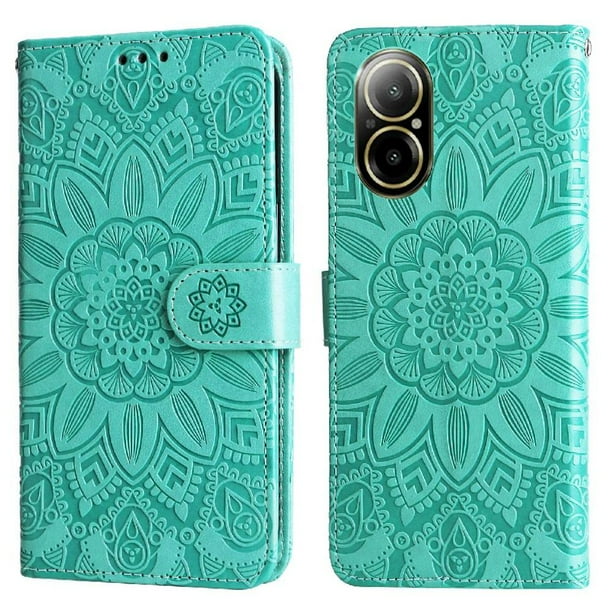 Funda tipo cartera FOXDOCK para Realme C67 4G , diseño girasol en relieve, cuero PU, cierre magnético, soporte y tarjetero