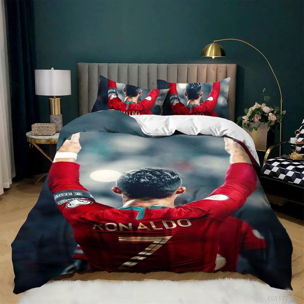 3-Piece Duvet Cover Ronaldo Ootball Star Printed Boys and Girls Bedding Set, Soft and Breathable Quilt Cover, Single Size Gift Bed Sheets