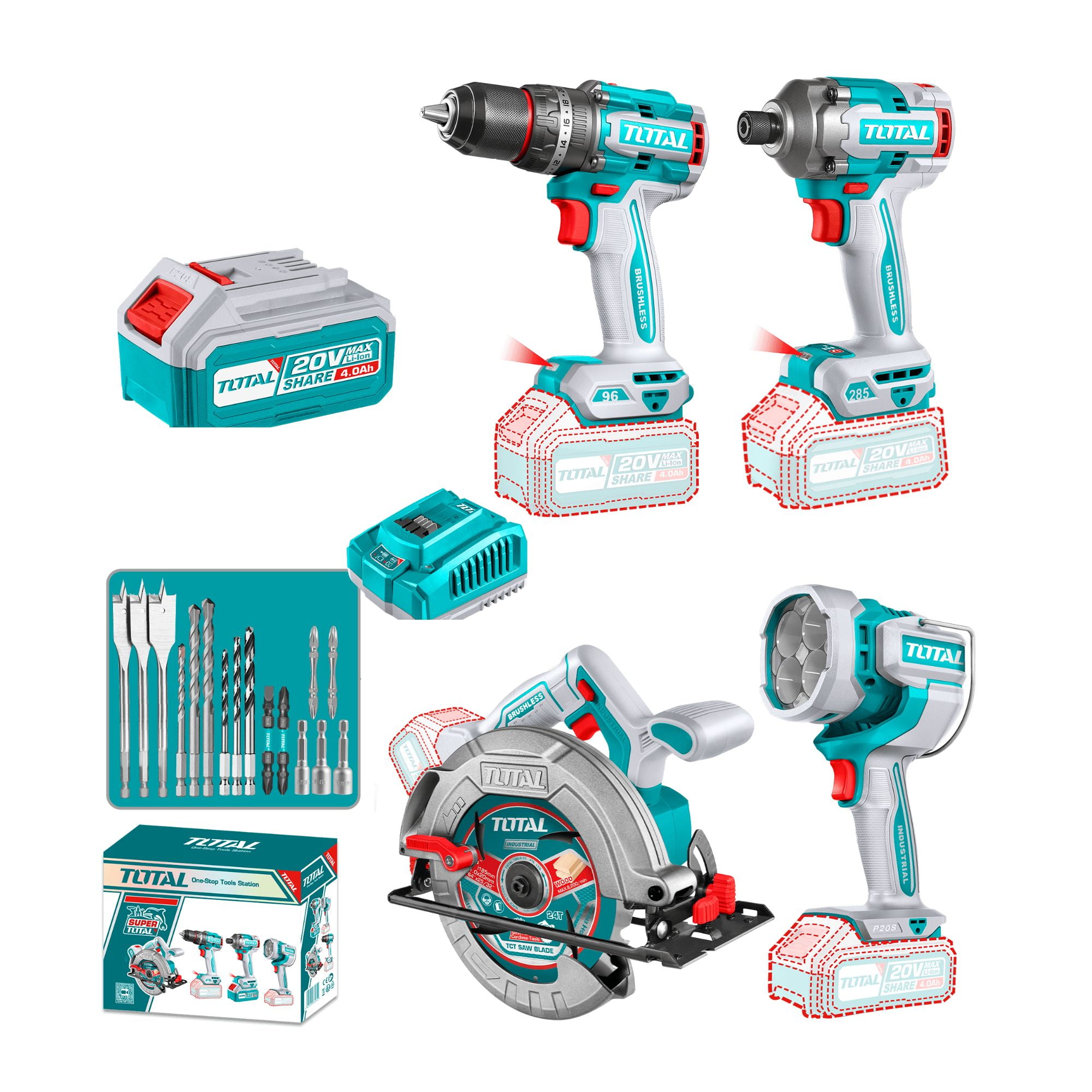 Kit 20v Inalámbrico Taladro, Atornillador, Sierra Circular, Linterna, Baterías Y Cargador Total