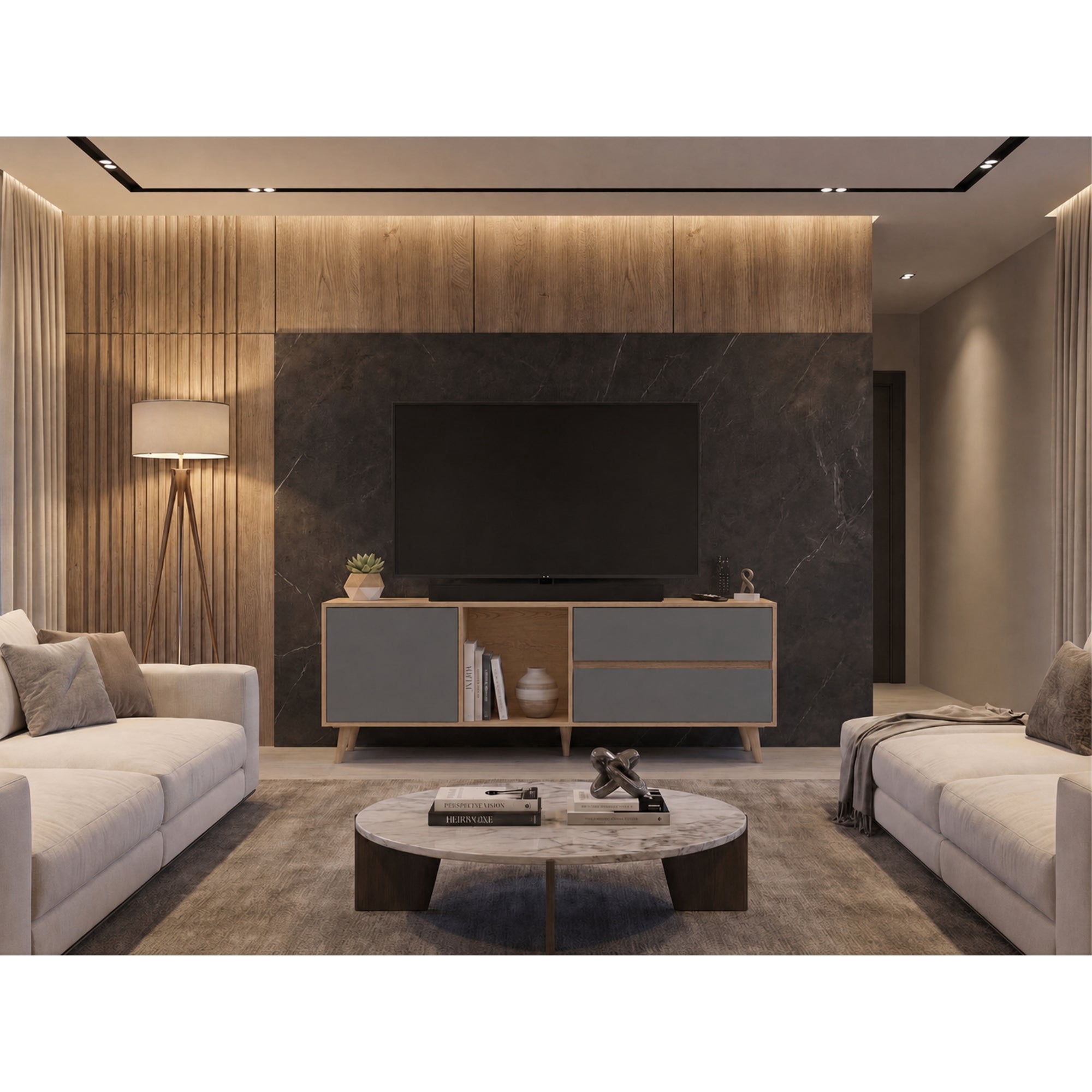 Tuhome - Rack De Tv 60" Salem 1 Puerta 2 Cajones, Macadamia Y Plomo 58,4x158,4x45,6 Cm