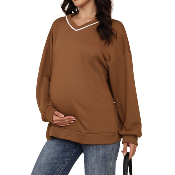 INSPIRE CHIC Sudadera de Maternidad con Cremallera Lateral para Lactancia, Manga Larga, Cuello en V, Camisetas de Embarazo para Amamantar, M Marrón