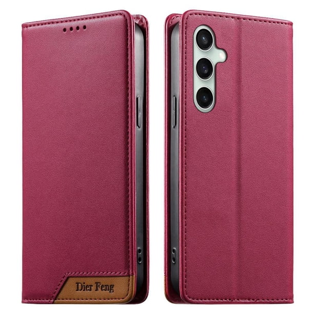 Funda Tipo Cartera de Cuero Sintético para Samsung Galaxy S24 FE Bloqueo RFID, con Ranuras para Tarjetas y Bolsillo para Efectivo, Cierre Magnético Fuerte Rojo