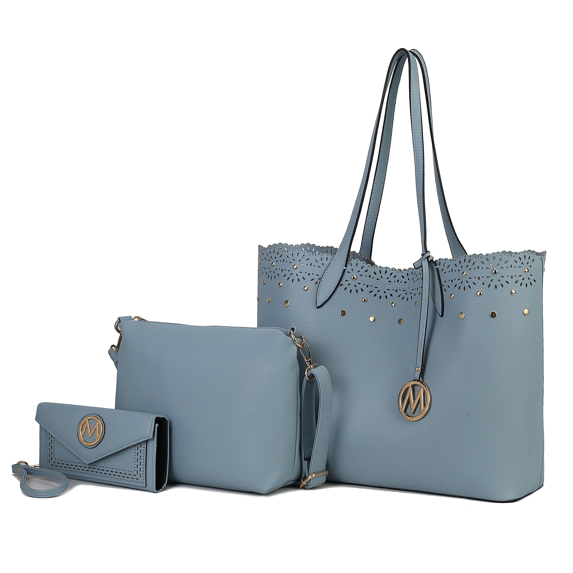 Set De 3 Piezas Para Mujer, Mkf Collection, Bolso Tote De Compras, Bolso Crossbody, Y Cartera - Mariahna, Cuero Vegano - Denim