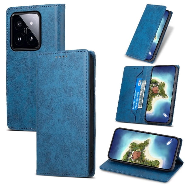Funda tipo cartera con bloqueo RFID para Xiaomi 14 Pro Con tapa abatible, portatarjetas, cierre magnético, TPU y soporte Azul