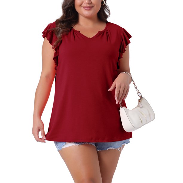 Agnes Orinda Blusas de Verano para Mujer Tallas Grandes con Cuello en V Entallado y Mangas con Volantes Casual 1X Rojo Vino