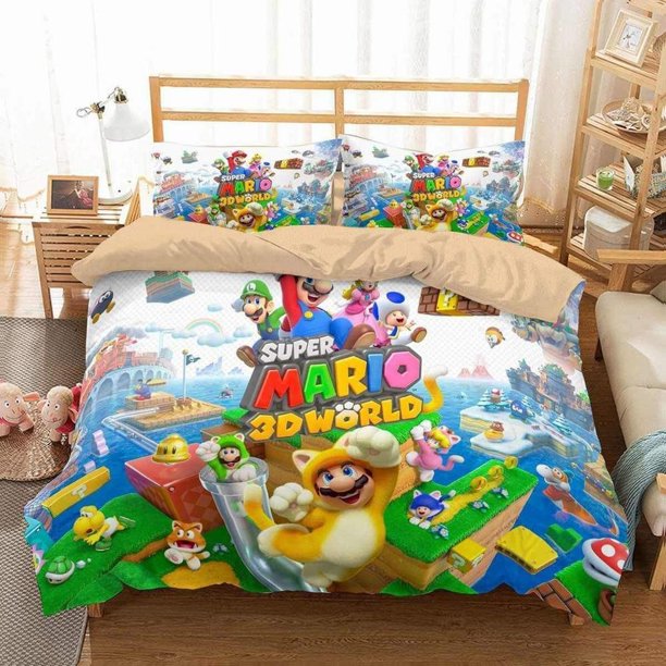 Super Mario World Quilt Duvet Cover Set Queen Doona Cover Children3-Piece Bedding Set