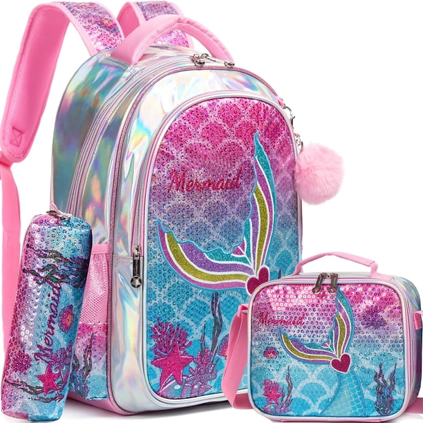 Meetbelify Mermaid Backpack for Girls Backpack with Lunch Box Set for Elementary Student Kids School Bag for Girls Ages 5-8Year