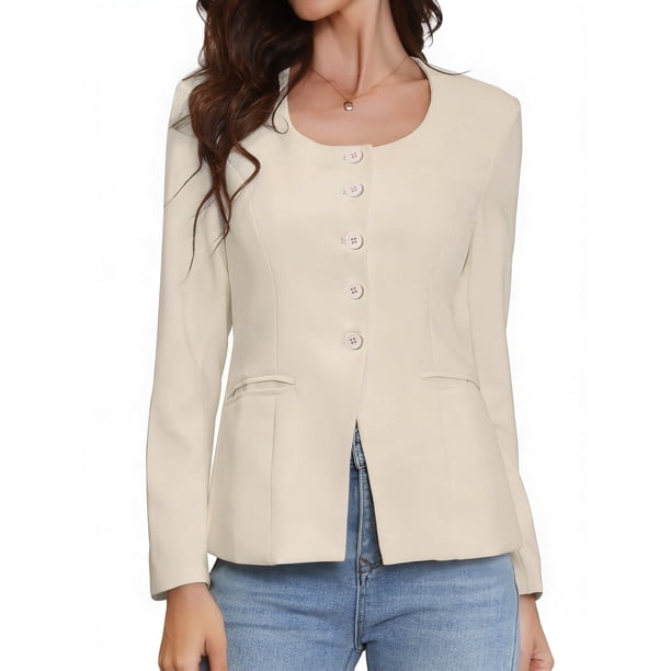 INSPIRE CHIC Blazers de Negocios Casual para Mujeres con Botones, Cuello Redondo, Manga Larga, Chaquetas de Oficina con Bolsillos XS Albaricoque