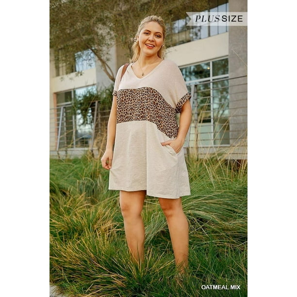 Vestido de Mezcla de Lino con Cuello en V, Bolsillos, Estampado Animal, Manga Corta Doblada y Bloques de Color