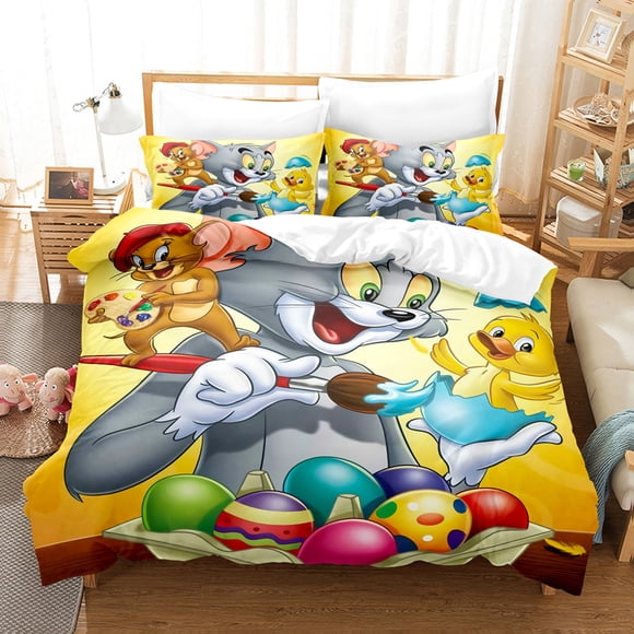 Tom and Jerry Creative Printed Pattern Pillowcase Duvet Cover Bedding Set Home Comfort Polyester 3-Piece Set Bed Sheets
