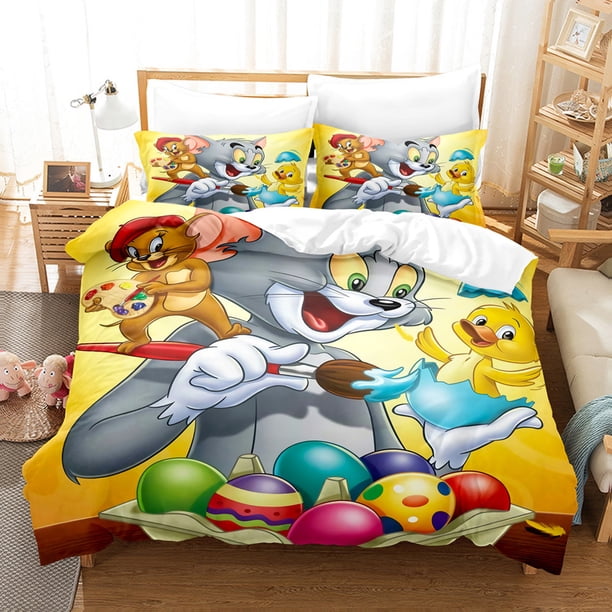 Tom and Jerry Creative Printed Pattern Pillowcase Duvet Cover Bedding Set Home Comfort Polyester 3-Piece Set Bed Sheets