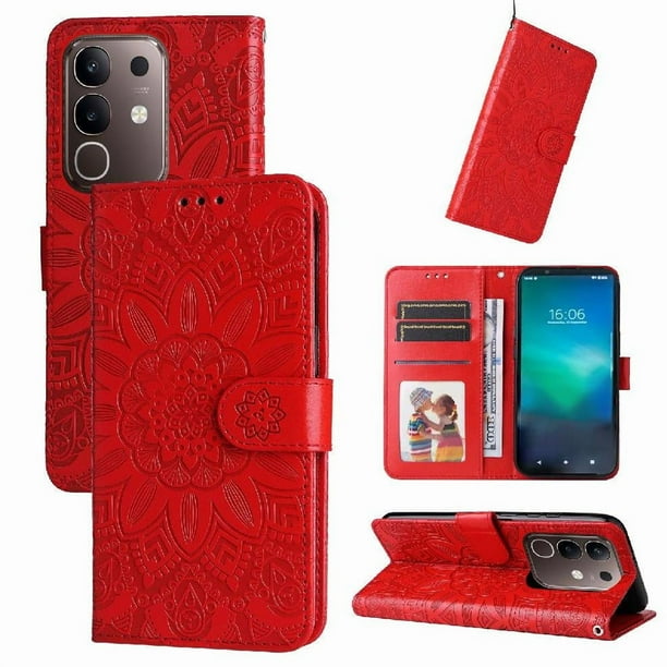 Funda tipo cartera FOXDOCK para Vivo Y29 4G , diseño girasol en relieve, cuero PU, cierre magnético, soporte y tarjetero