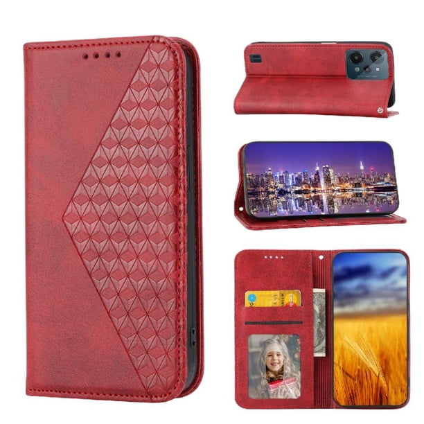 Funda Flip FOXDOCK para Realme C35 , Estilo Billetera con Diseño Rombo, Correa de Mano y Soporte, Uso Diario