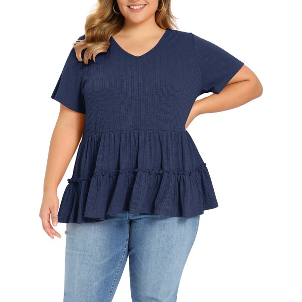 GRACE & GRANDEUR Blusas de Mujer Talla Grande para Pascua, Tops Babydoll Texturizados con Volantes, Cuello en V, Manga Corta, Ajuste Holgado Casual, Peplum de Verano 1X Azul Marino