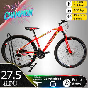 Vipnetwork - Bicicleta Aro 27.5 Champion 21 Veloc Y Freno Disco Rojo