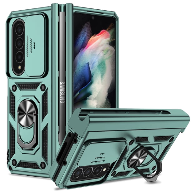 Hinged Case With S Pen Holder For Samsung Galaxy Z Fold 4 With Slide Camera Cover Rotate Ring Holder Rugged Shockproof Protective