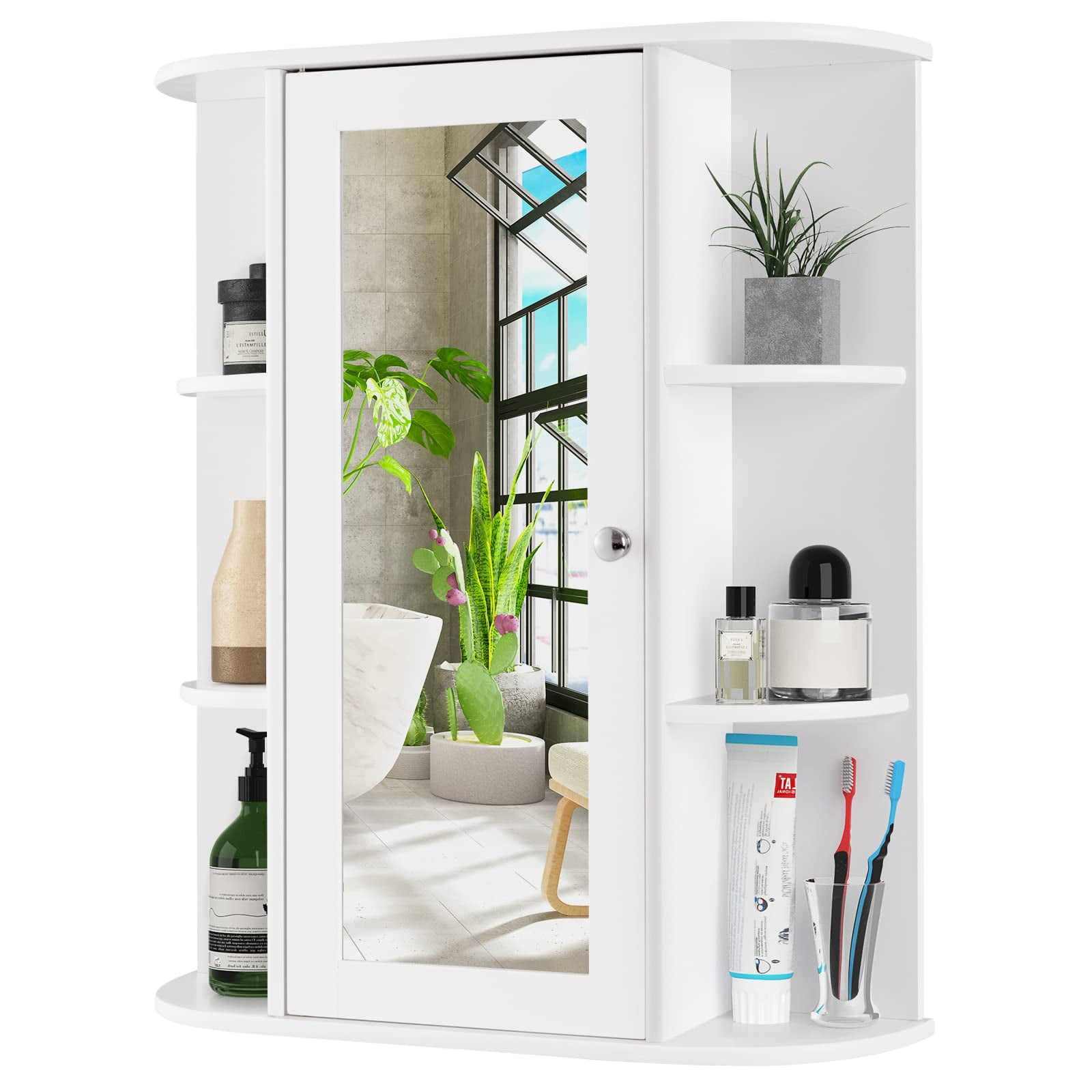 Mueble De Baño Montado En La Pared Costway Con Espejo Y Estantes