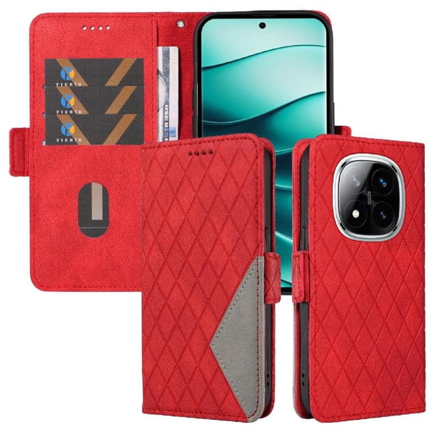 Funda Cartera para Xiaomi Redmi Note 14 Pro Plus con Tarjetero Soporte y Correa Rojo