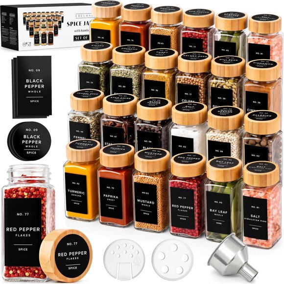 EDELHAUS Glass Spice Jars with Label, 24x Bamboo Wooden Lids