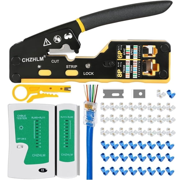 Kit de herramientas de crimpado CHZHLM RJ45, engarzadora pasante con comprobador