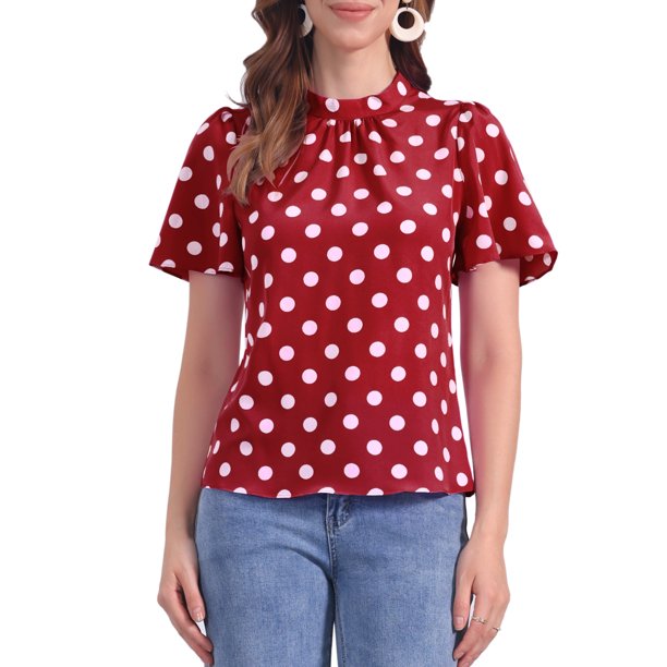 INSPIRE CHIC Blusa de Mujer para Regreso a Clases con Lunares, Cuello Alto, Pliegues, Abertura en la Espalda, Manga Corta Acampanada, Talla XL, Rojo Vino