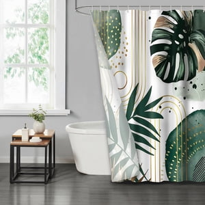 Lvrlvr 1 Pieza Cortina De Ducha Con Diseño De Hojas Tropicales Y Detalles Dorados, Color Verde Y Blanco, Estilo Moderno Elegante, Tamaño 180X180 Cm + 12 Ganchos De Tipo C