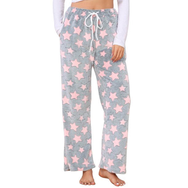 INSPIRE CHIC Pantalones de pijama peludos para mujer, pantalones de salón de felpa suave con patrón de estrellas y cintura elástica, talla extra grande, rosa gris